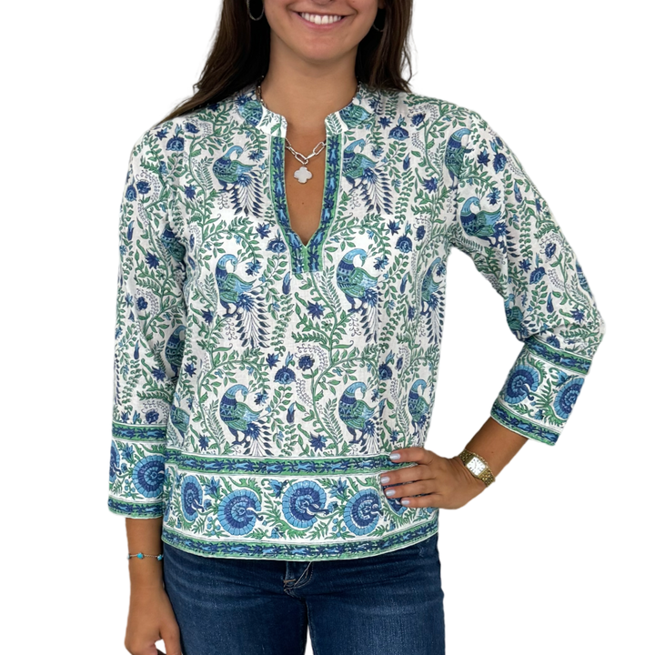 The Kelsea Cotton Hand Block Peacock Print Top in Blue Green — view 3