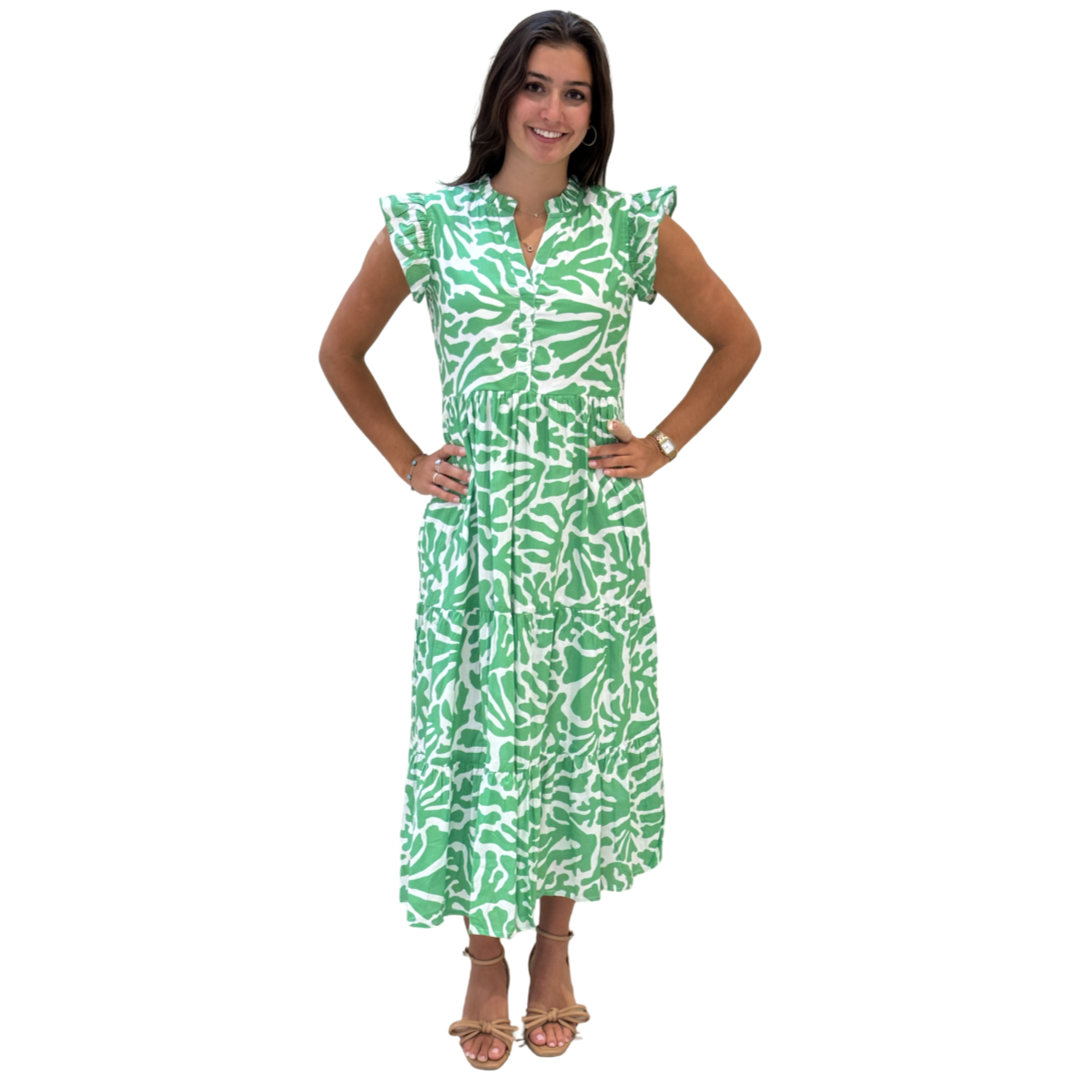The Campbell Long Flutter Sleeve Dress in Vibrant Green and White — view 3