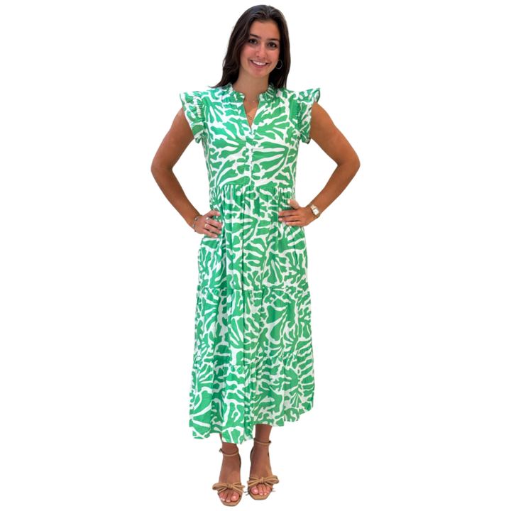 The Campbell Long Flutter Sleeve Dress in Vibrant Green and White — view 3