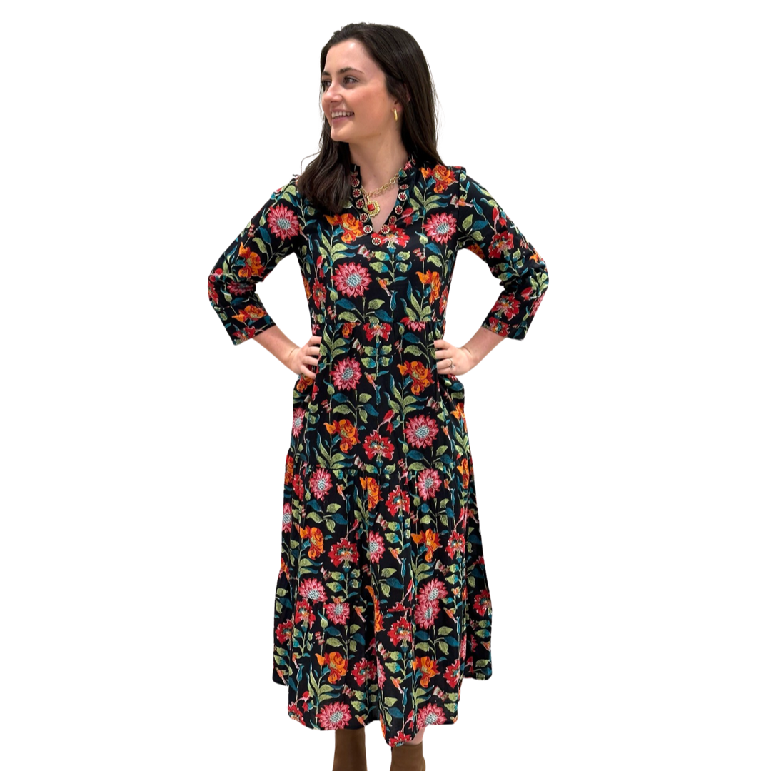 The Camilla Long Notch Collar Dress in Midnight Floral — view 4