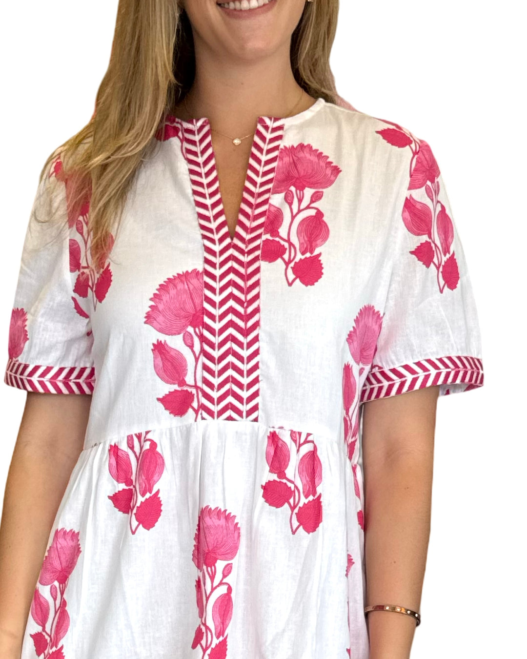 The Daniella Short Sleeve Embroidered Trim Dress in Pink White Lotus Floral — view 3