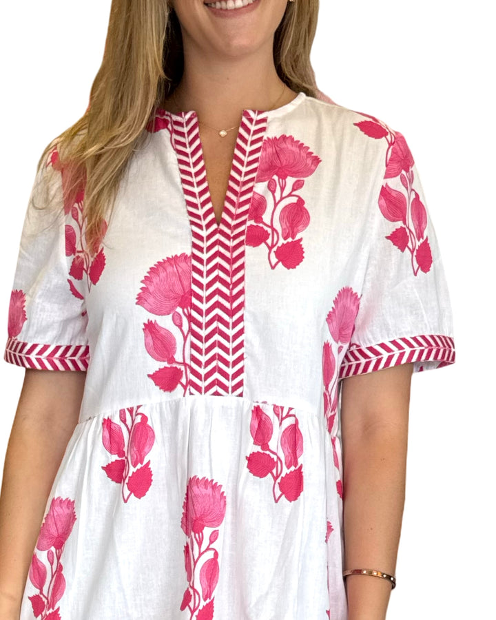 The Daniella Short Sleeve Embroidered Trim Dress in Pink White Lotus Floral — view 3