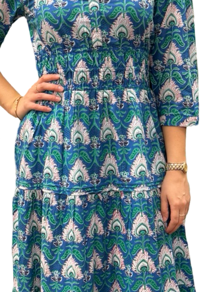 The Sydney Cinch Waist Dress in Blue Green Floral Block Print — view 4