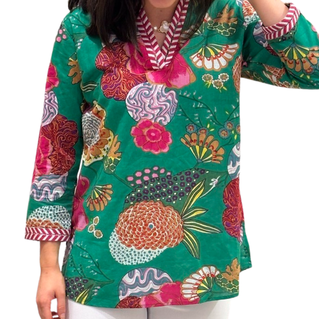 The Brie Floral Printed Cotton Tunic in Jade — view 4