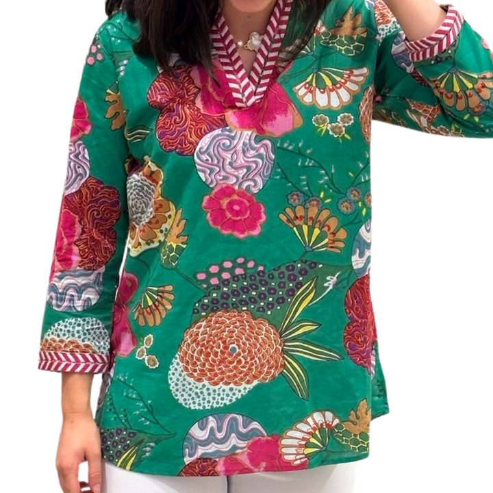 The Brie Floral Printed Cotton Tunic in Jade — view 4
