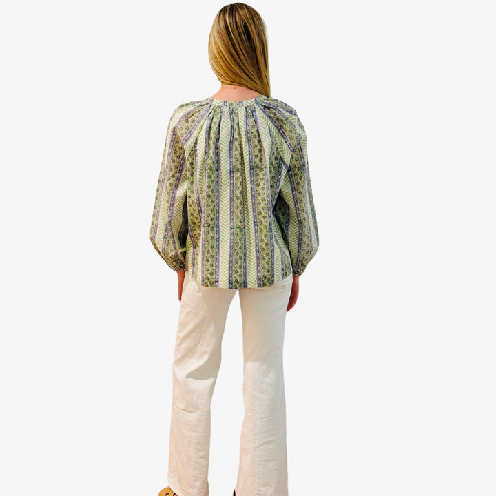 The Chandler Cotton Top in Light Green Hand Blocked Chevron Floral — view 8