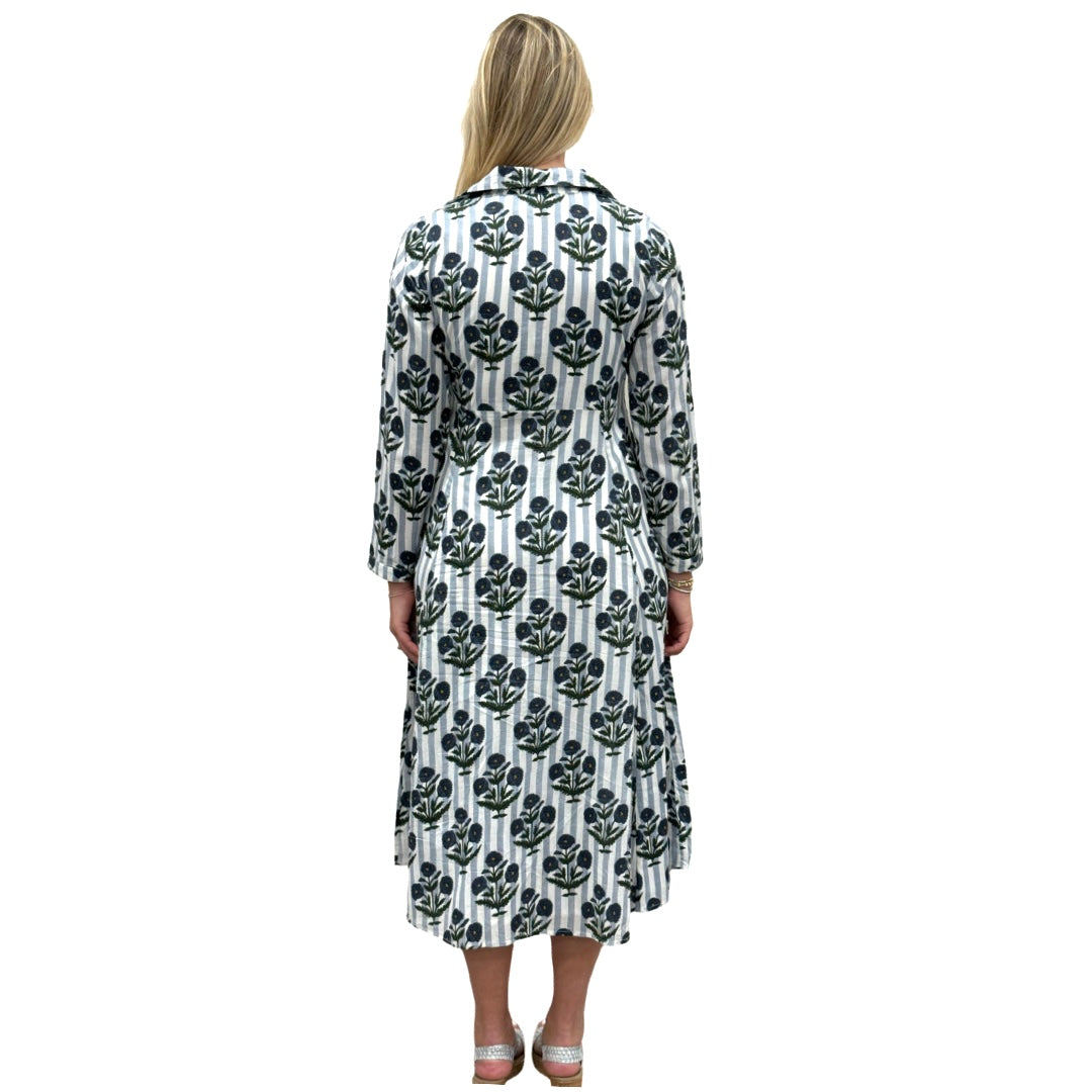 The Marion Cotton Hand Block Button Front Dress in Striped Slate Blue Floral — view 5