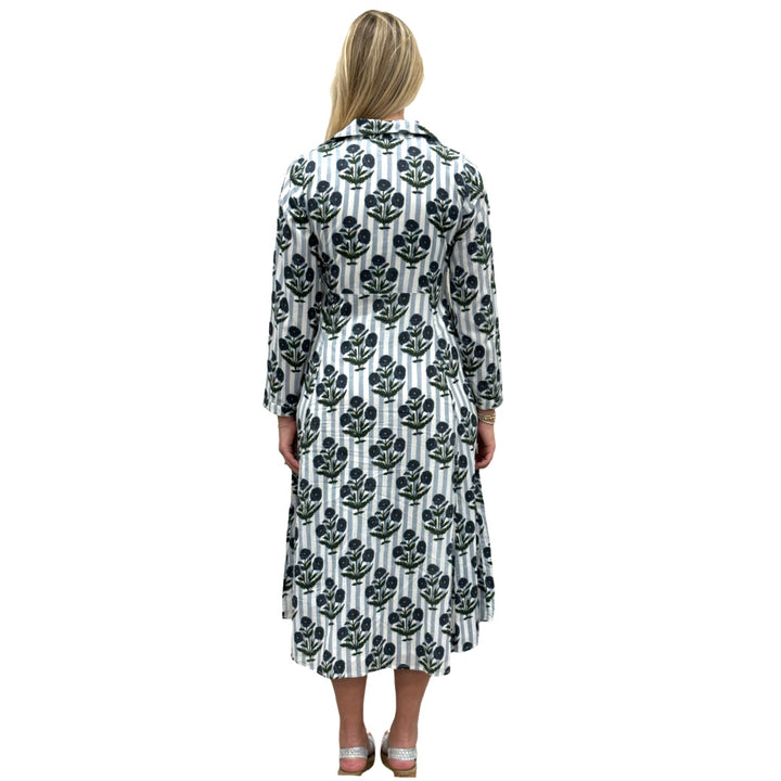 The Marion Cotton Hand Block Button Front Dress in Striped Slate Blue Floral — view 5