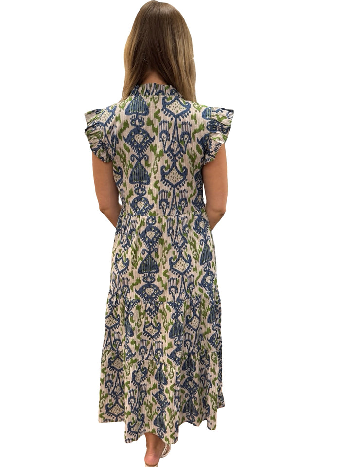 The Campbell Flutter Sleeve Dress in Blue Green Ikat — view 5