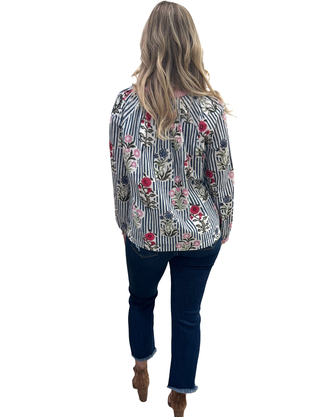 The Chandler Hand Block Printed Floral Striped Cotton Top in Blue Multi — view 4