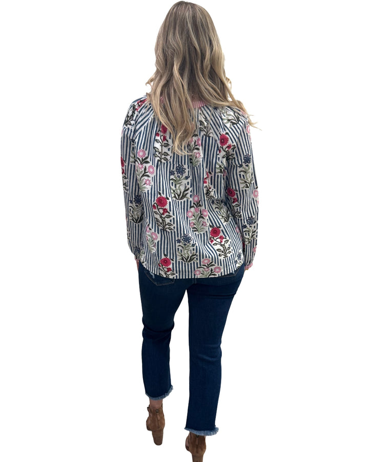 The Chandler Hand Block Printed Floral Striped Cotton Top in Blue Multi — view 4