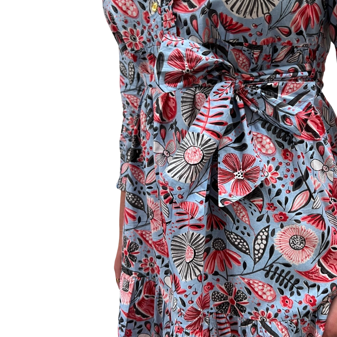 The Hampton Dress in Soft Blue Floral Bird Print — view 6
