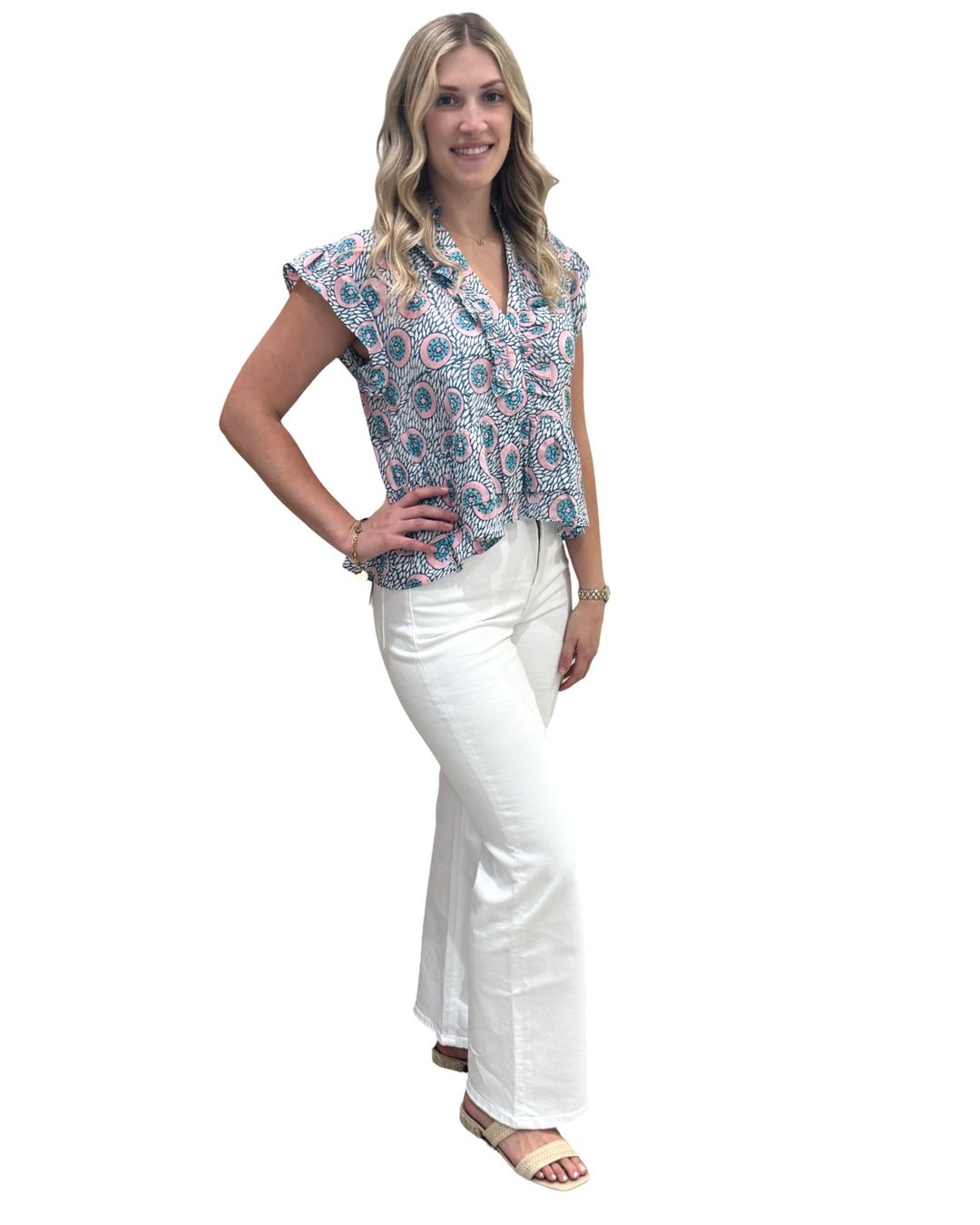 The Bella Ruffle Trim Top in Aqua Pink Hand Block