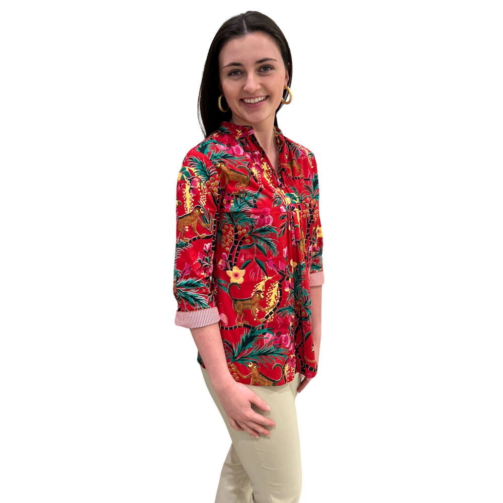 The Eloise Cotton Monkey Print Top in Crimson — view 2