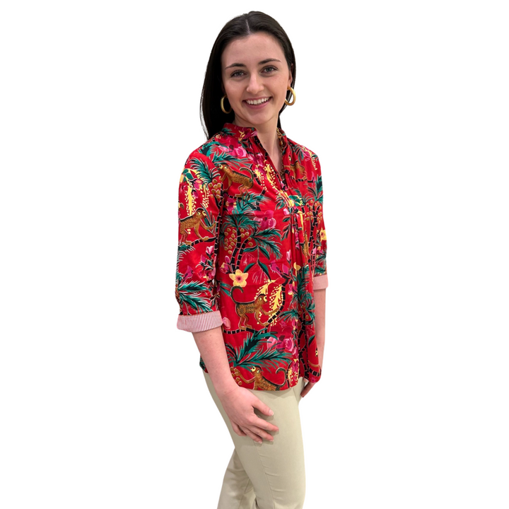 The Eloise Cotton Monkey Print Top in Crimson — view 2