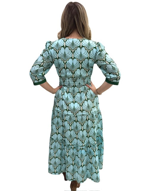 The Sydney Cotton Cinch Waist Dress in Blue Green Fan Print — view 3