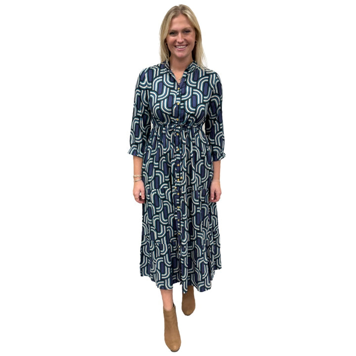 The Hamilton Tie Front Long Dress in Blue Green Geometric — view 3