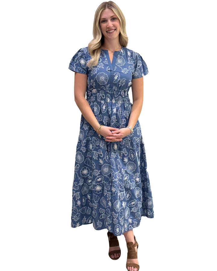 The Sydney Embroidered Cinch Waist Dress in Blue White — view 4