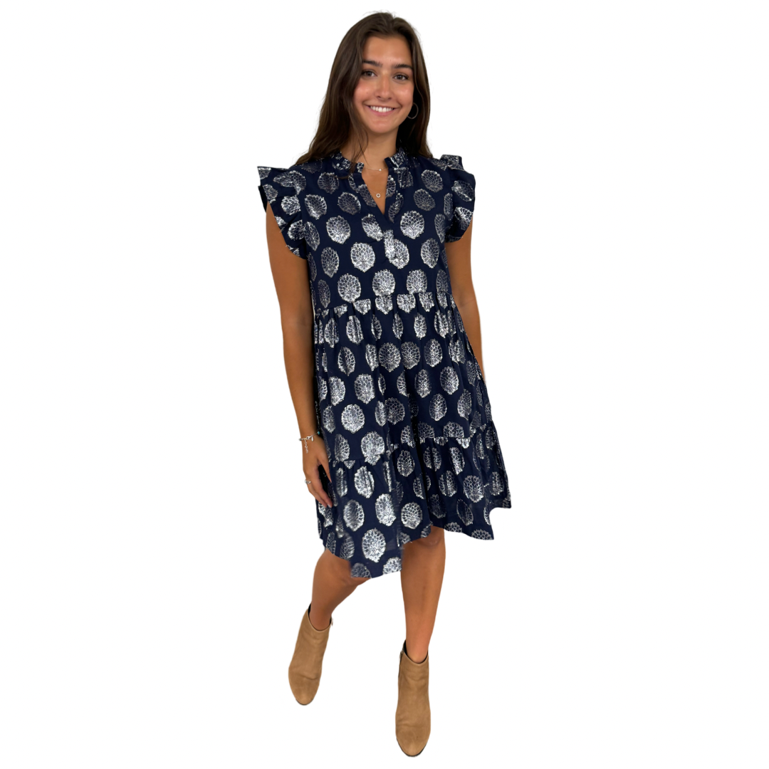 The Fiona Flutter Sleeve Dress in Navy and Silver — view 5