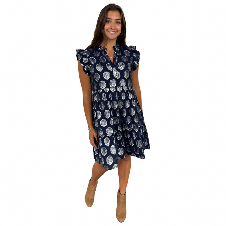 The Fiona Flutter Sleeve Dress in Navy and Silver — view 5