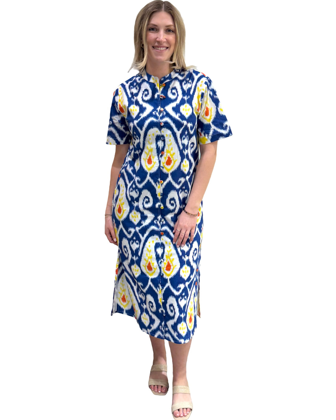 The Tabitha Button Front Short Sleeve Dress in Blue Yellow Cotton Ikat Print — view 3