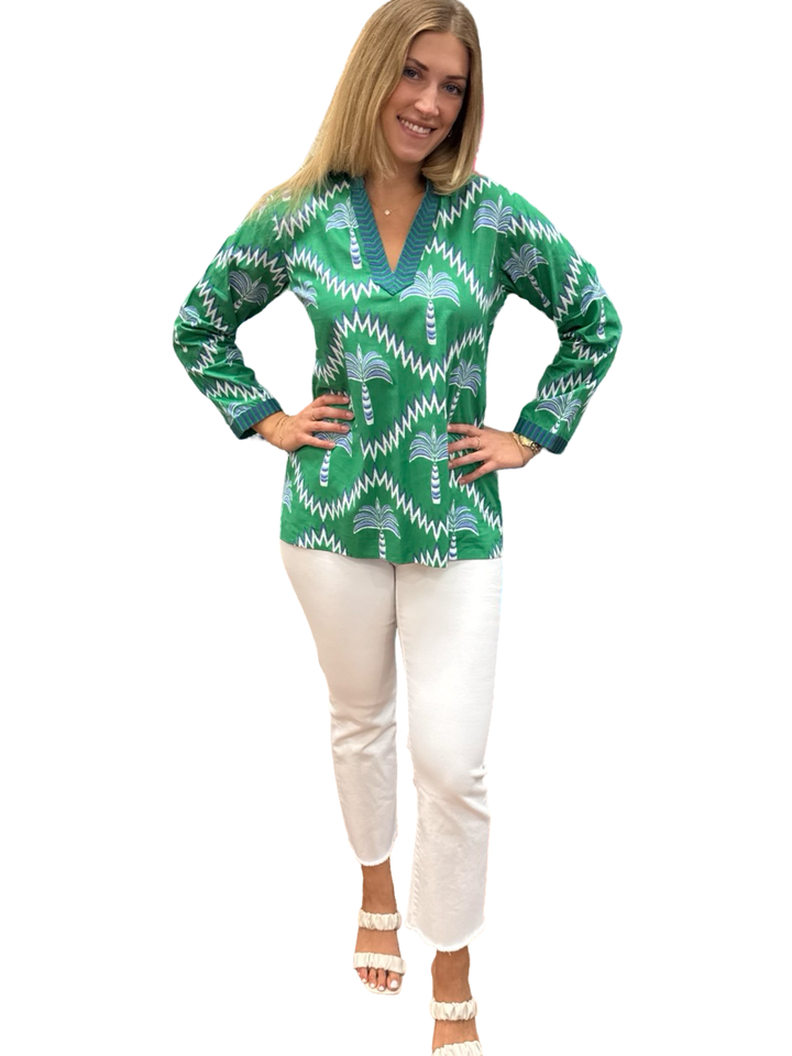 The Winslow Embroidered Trim Tunic in Green Navy Palm Print — view 4