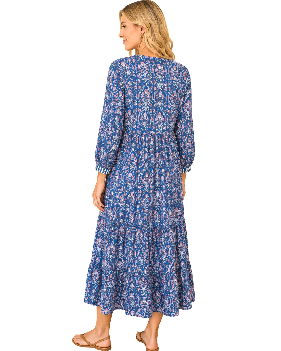 The Daniella Embroidered Trim Cotton Dress in Blue Lavender Floral — view 3