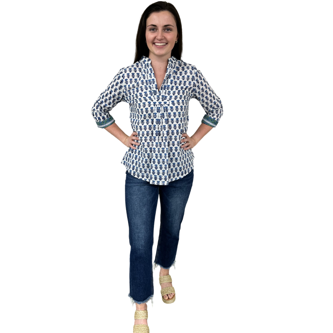 The Eloise Cotton Top in White Blue Hand Blocked Floral — view 3