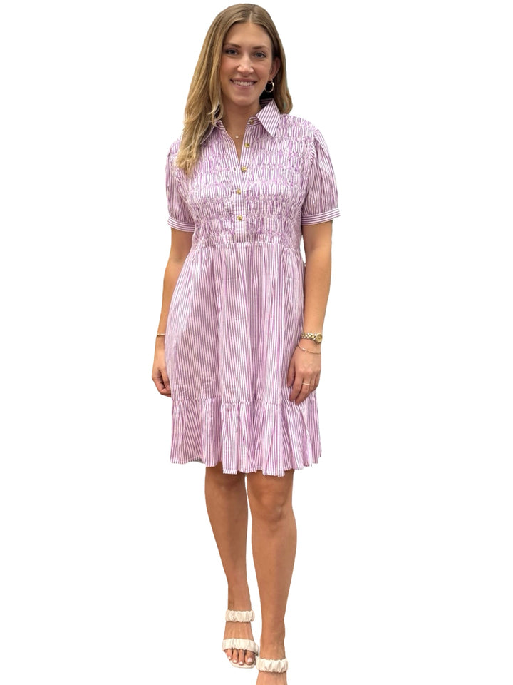 The Tasha Smocked Front Dress in Lavender and White Stripe — view 2