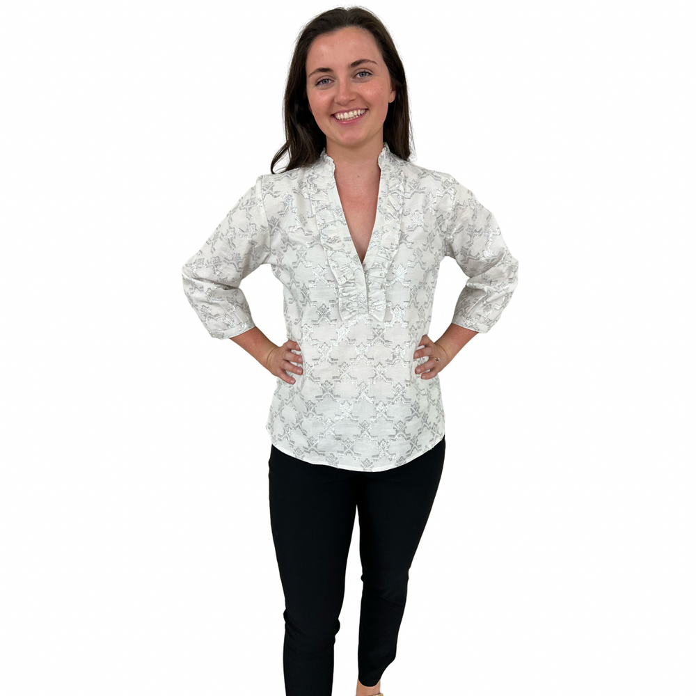 The Emerson Metallic White and Silver Jacquard Blouse — view 2