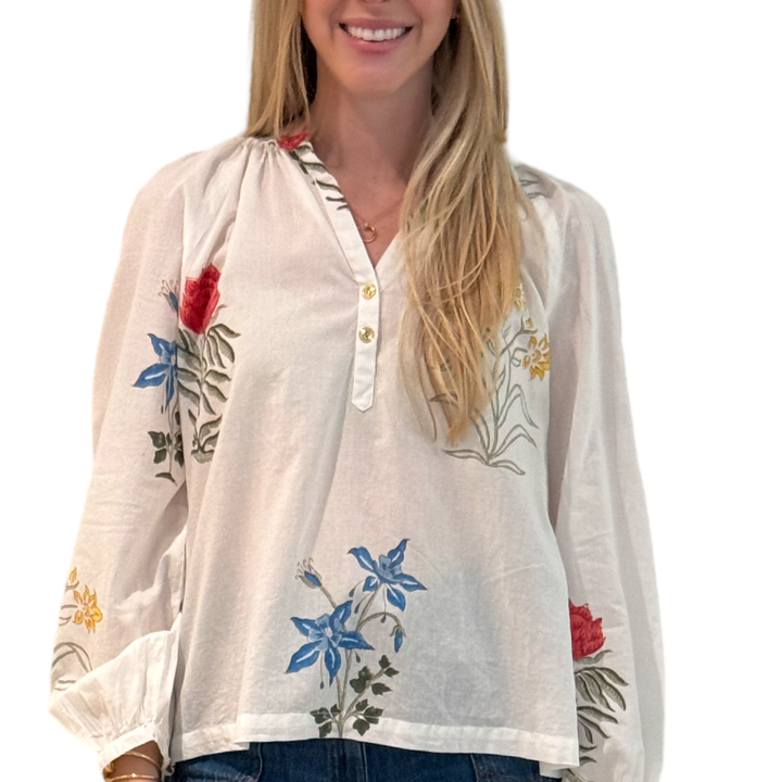 The Chandler White Hand Blocked Floral Cotton Blouse — view 4