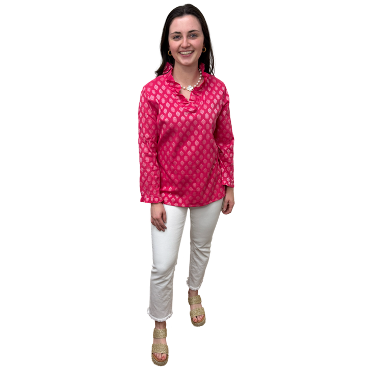 The Daley Ruffle Neck Collar Tunic Top in Pink and White — view 2