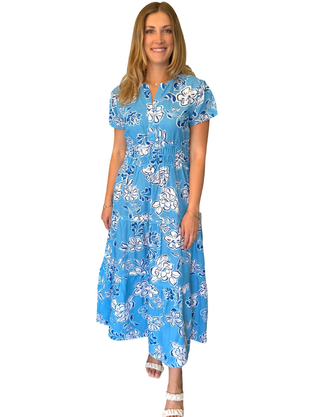 The Sydney Cinch Waist Dress in Blue Turquoise Floral — view 2