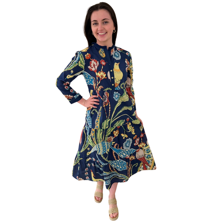 The Penny Navy Bird Print Dress in Blue Bird Floral — view 2