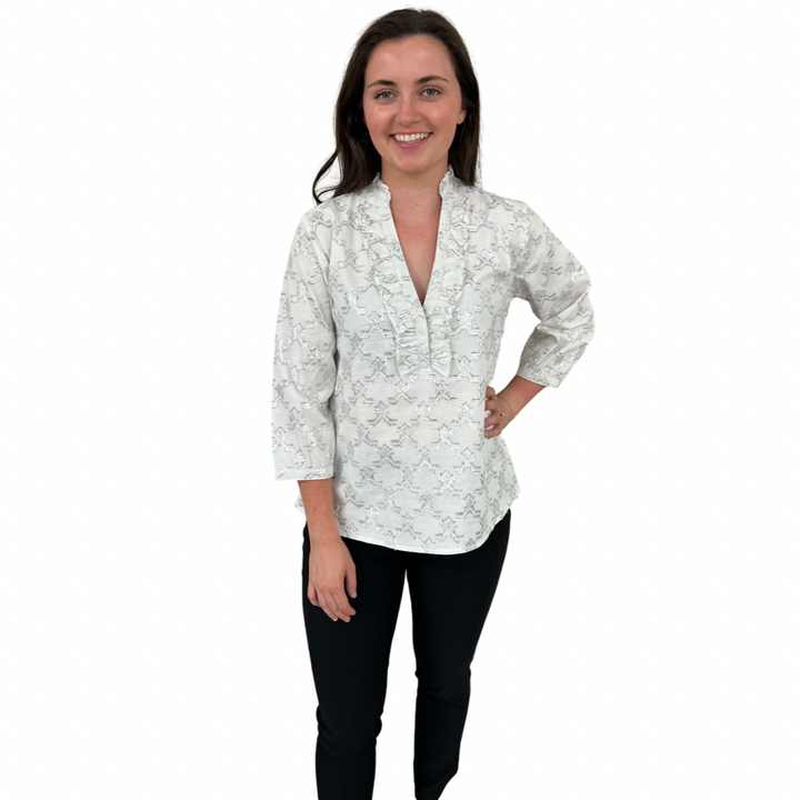 The Emerson Metallic White and Silver Jacquard Blouse — view 4