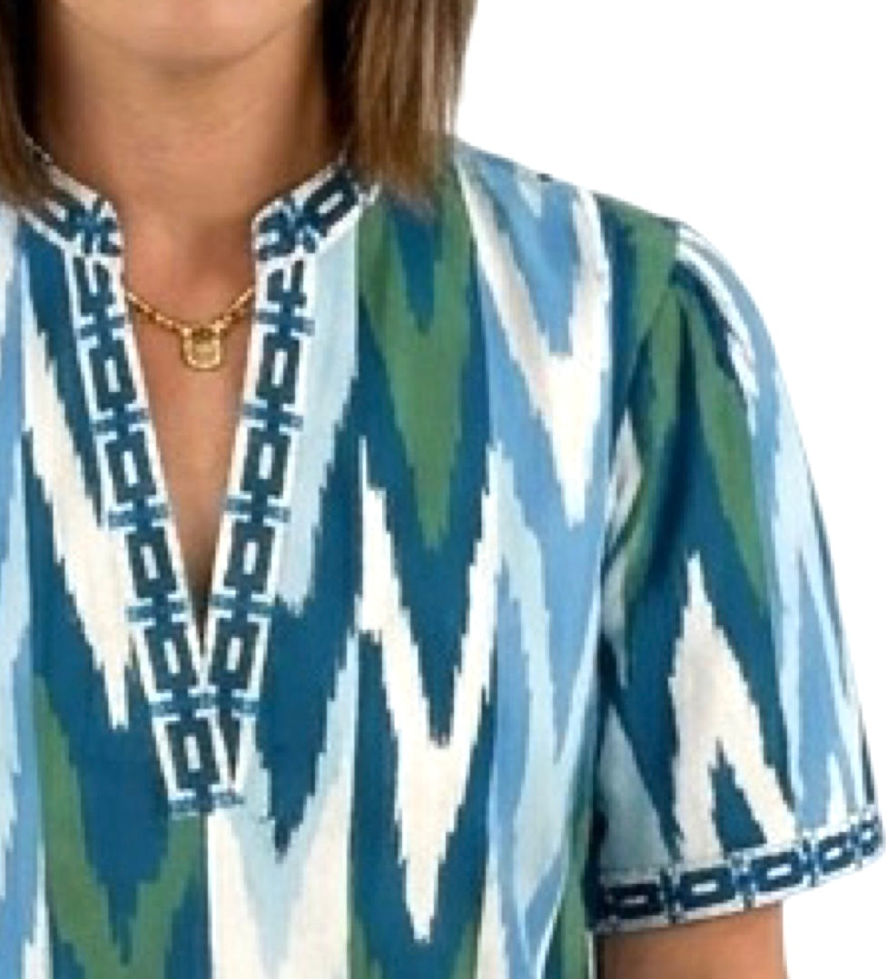 The Cynthia Embroidered Trim Cotton Dress in Blue Green Ikat — view 2