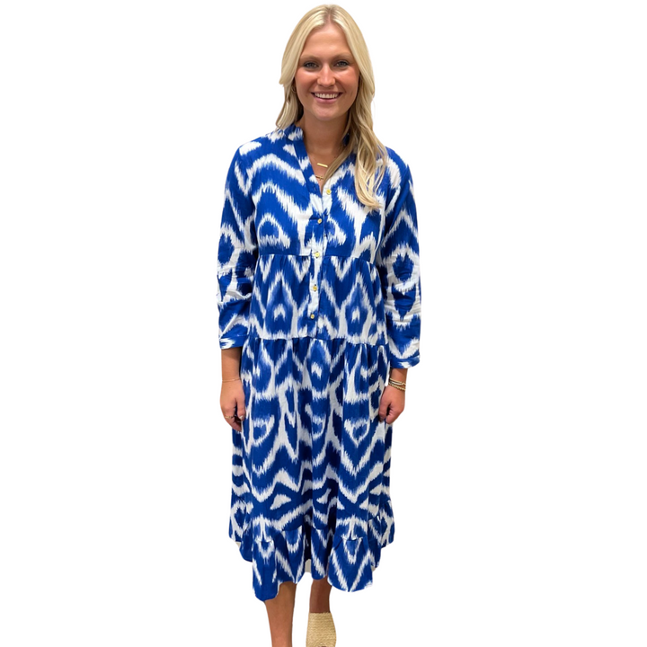 The Southport Long Length Dress in Royal Blue Ikat — view 2