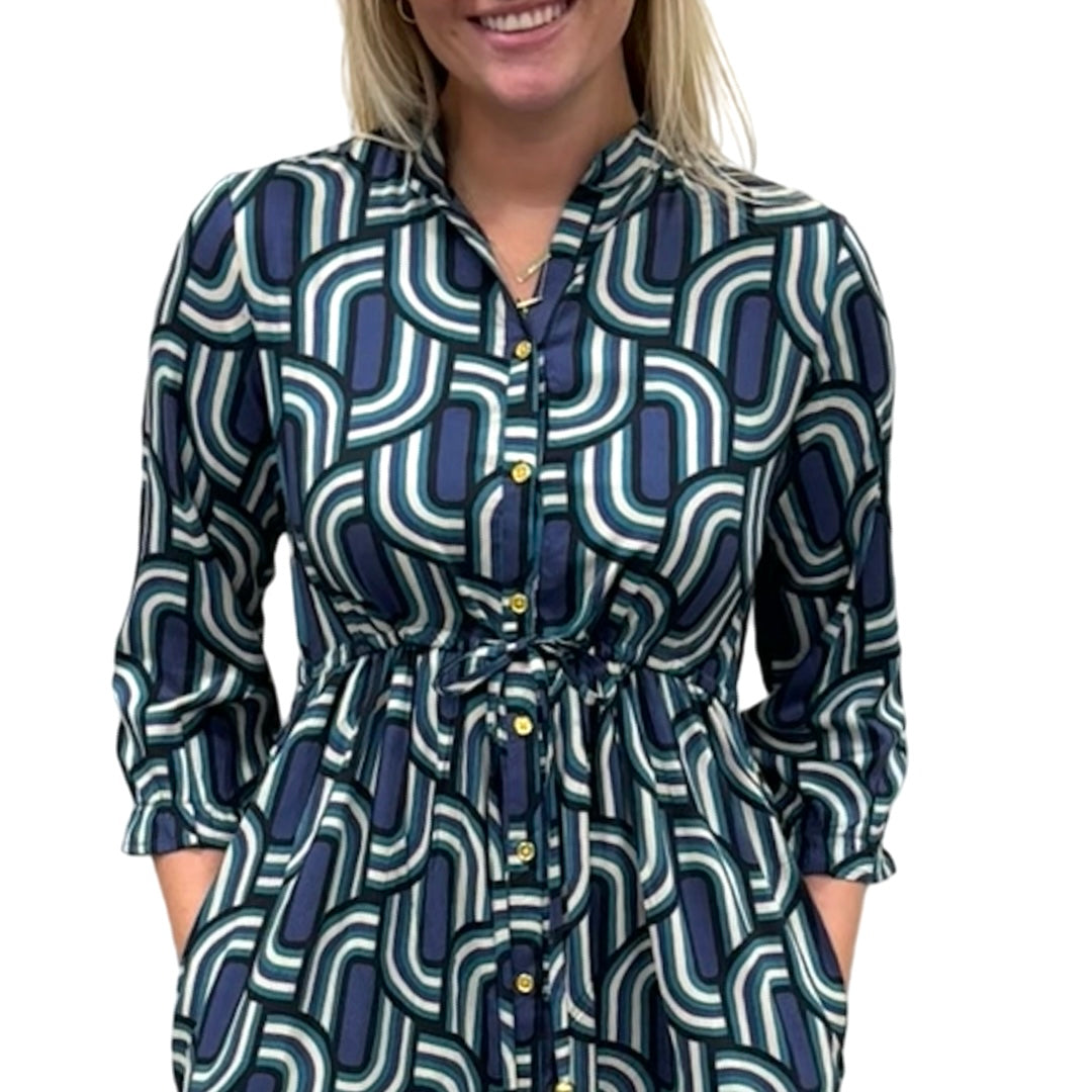 The Hamilton Tie Front Long Dress in Blue Green Geometric — view 4