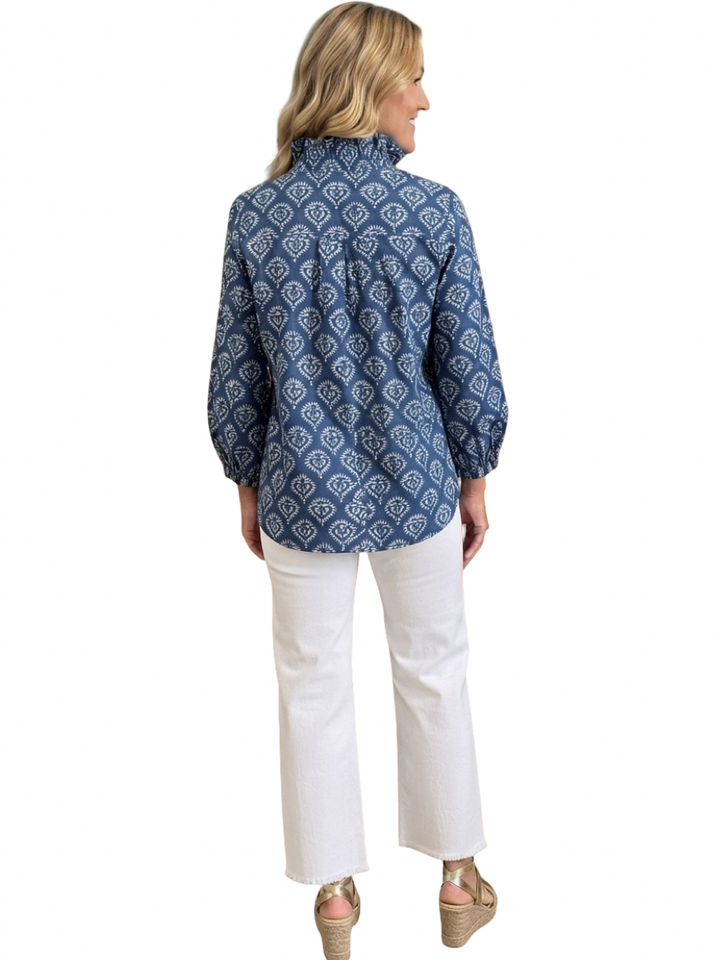 The Maria Cotton Ruffle Neck Blouse in Blue White Block Print