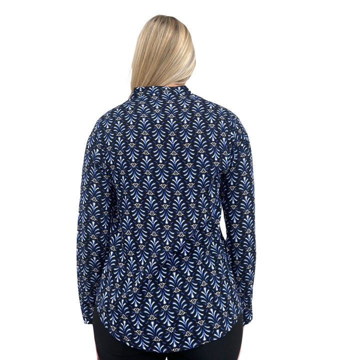 The Avery Button Front Top in Black and Blue Rayon Crepe — view 5