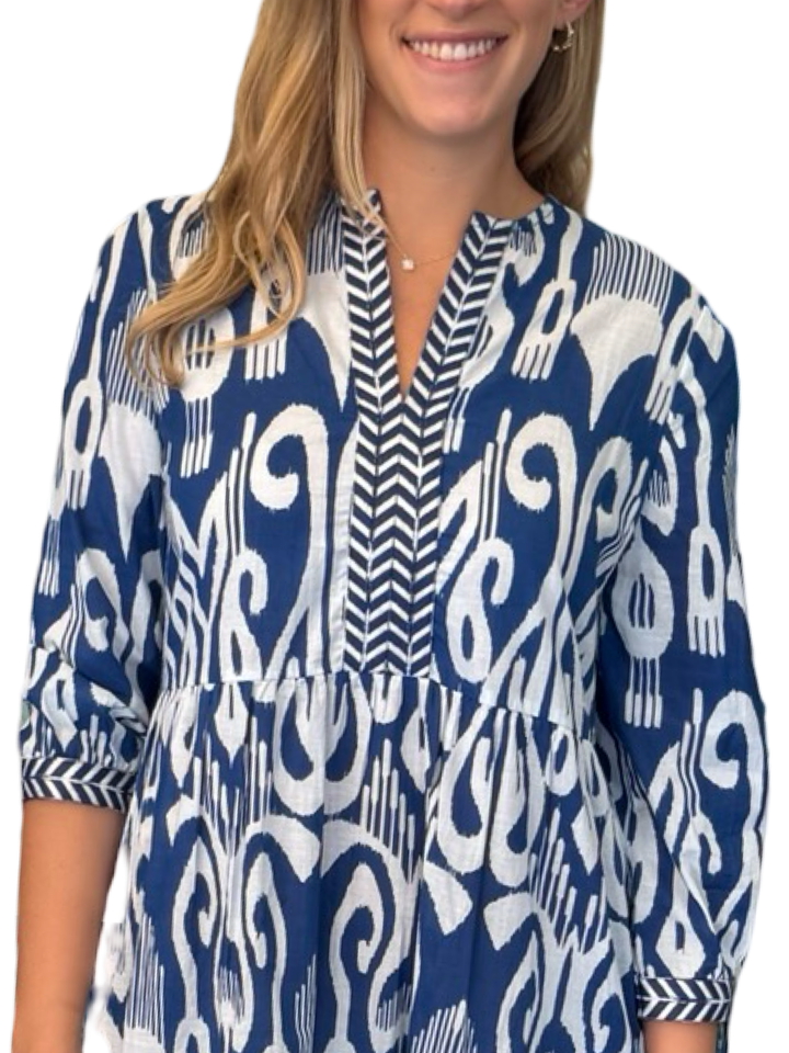 The Daniella Embroidered Trim Dress in Royal Blue Ikat