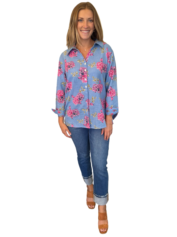 The Mason Button Front Top in Cornflower Blue Pink Floral