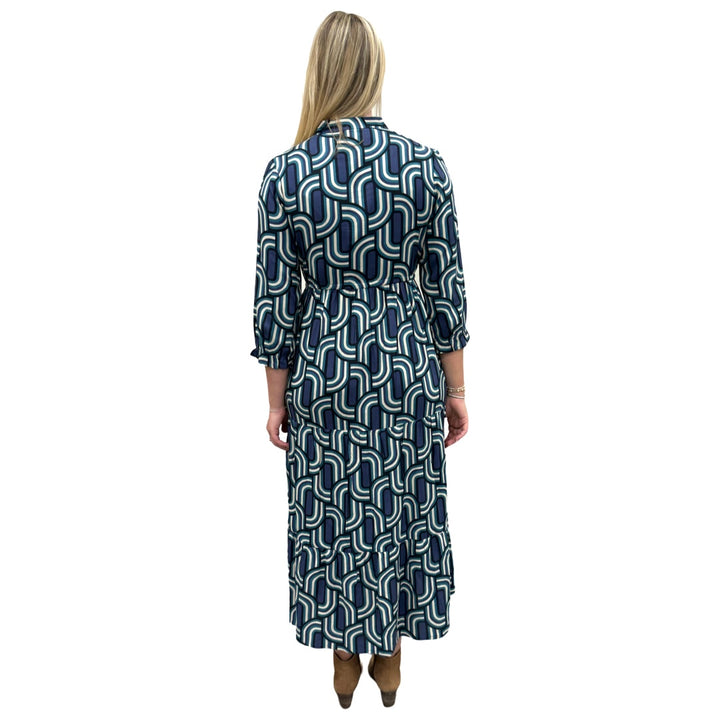 The Hamilton Tie Front Long Dress in Blue Green Geometric — view 5