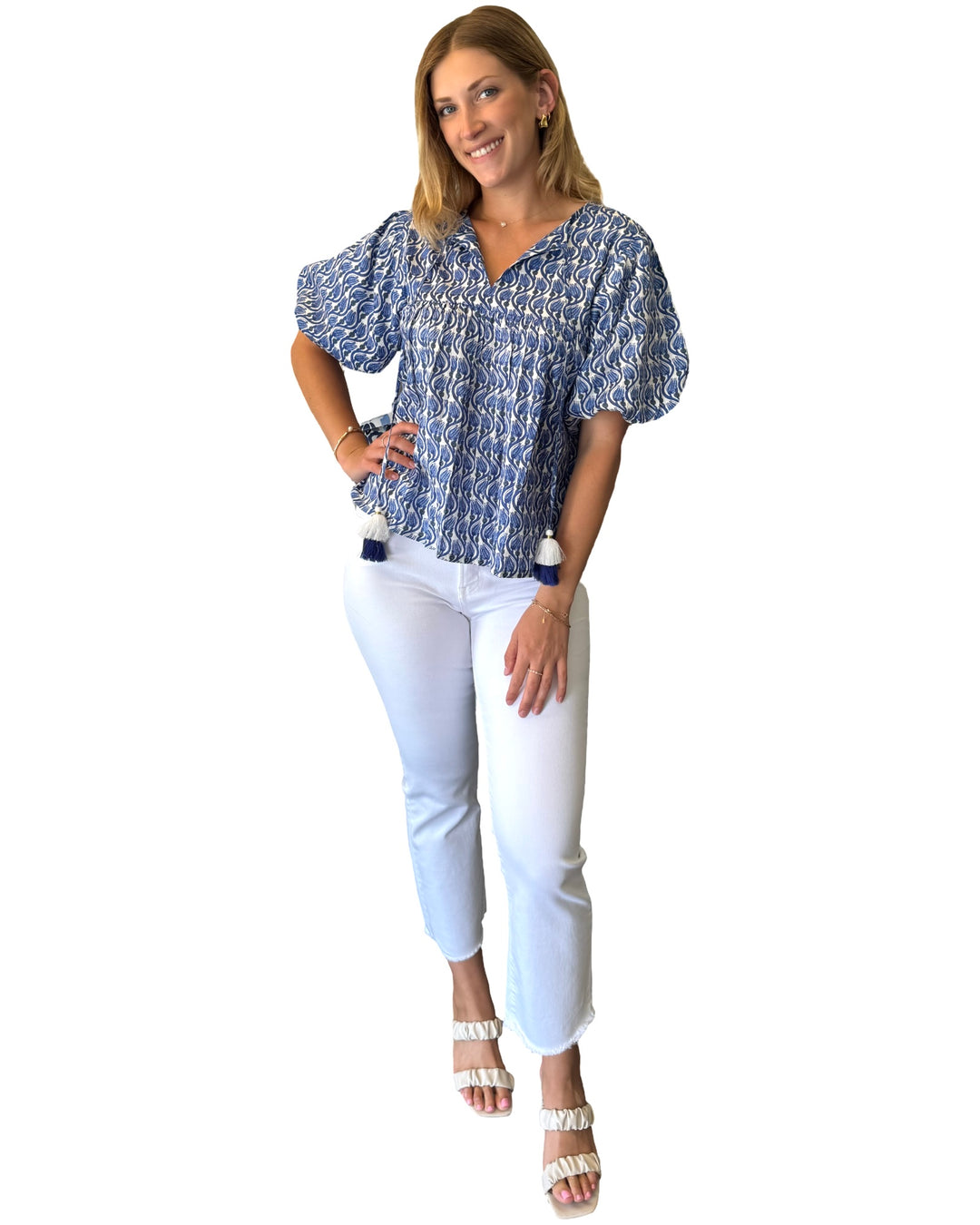 The Poppy Puff Sleeve Top in Blue White Floral Hand-Block Printed Cotton — view 4