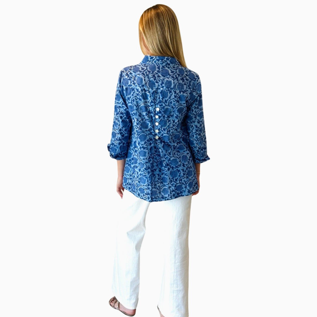The Mason Button Back Cotton Block Print Top in Periwinkle and Blue — view 9