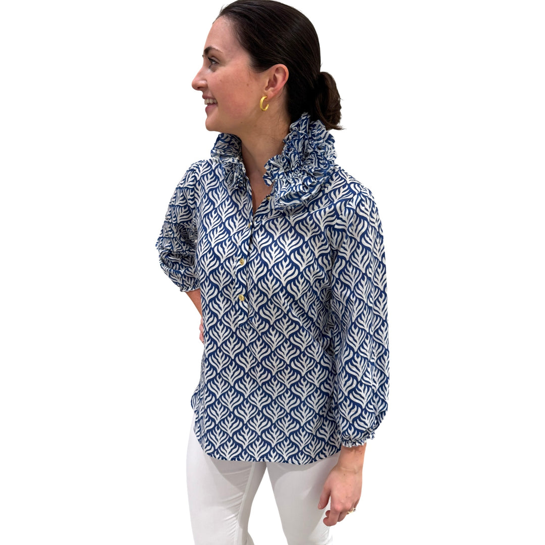 The Maria Ruffle Neck Blouse in Blue and White — view 5