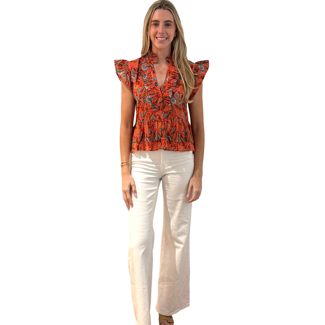 The Bella Ruffle Trim Top in Coral Parrot Print Cotton — view 4