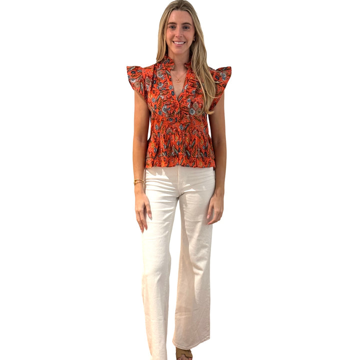 The Bella Ruffle Trim Top in Coral Parrot Print Cotton — view 4