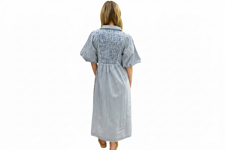 The Joanie White Blue Striped Short Sleeve Smocked Dress — view 5