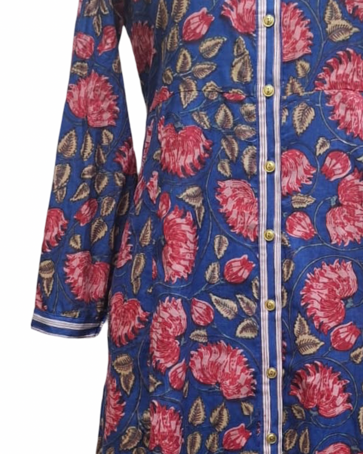 The Marion Button Front Dress in Blue Red Floral Print
